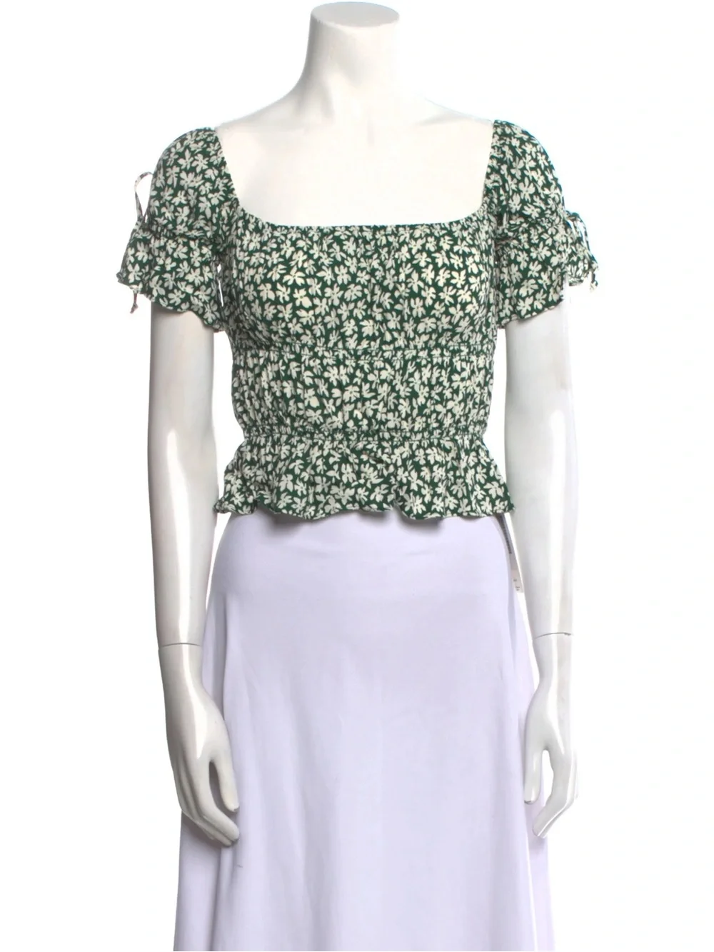 Reformation Green Daisy Square-Neck Smocked Crop Top
